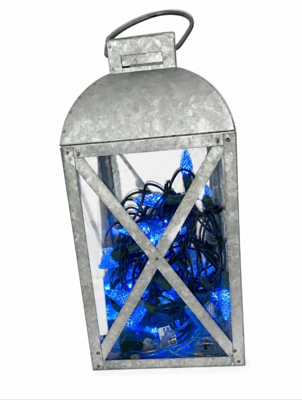 Galvanized Lantern With Blue Lights
